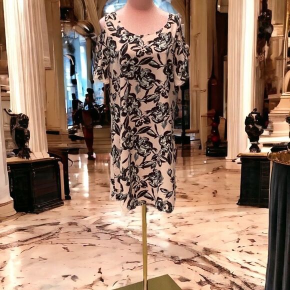 WOMENS COLD SHOULDER FLORAL MIDI DRESS MEDIUM LOOSE FIT - Picture 4 of 7